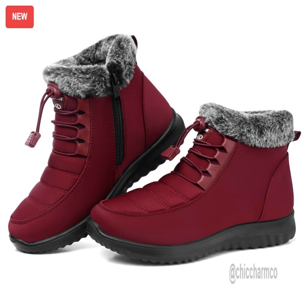 Fur Lined Ankle Snow Boots Water Resistant Adjustable Zipper Winter